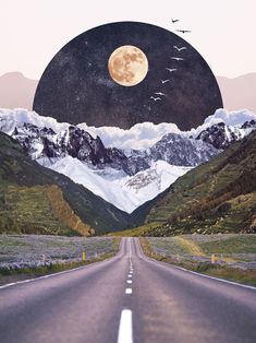 Collage of a Road with Mountains and the Moon Vintage Collage Art, Surreal Collage Art, Collage Landscape, Poster Landscape, Digital Collage Art, Photoshop Collage, Collage Art Projects, Surreal Collage, Paper Collage Art