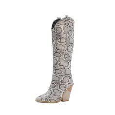 Shop White Snake-effect High Heel Cowgirl Boots Knee High Boots color White for Anniversary, Party, Travel with worldwide Free shipping & Free return. 2023 Winter Fashion, Rider Boots, Popular Boots, Coat Shoes, High Leather Boots, Square Toe Heels, Boot Print, Leather Boot, Boots Women