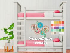 there is a bunk bed with pink and white furniture in the room that says parenthood bunkbed