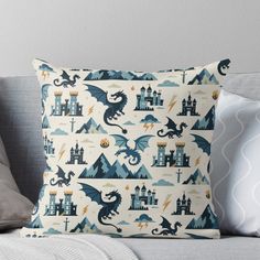 a blue and white dragon pattern on a pillow