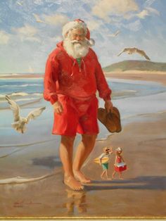 a painting of santa claus on the beach with his feet in the sand and seagulls flying around