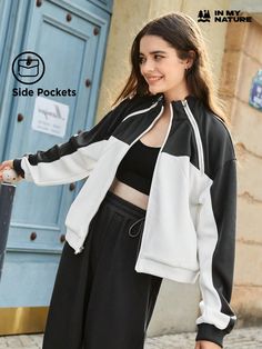 Black and White  Collar Long Sleeve Knitted Fabric Colorblock  Embellished Slight Stretch  Women Outdoor Apparel Casual White Outerwear With Splicing, Winter Track Jacket With Contrast Color And Long Sleeves, White Casual Track Jacket With Contrast Color, Casual White Track Jacket With Contrast Color, White Long Sleeve Outerwear With Splicing, White Spliced Long Sleeve Outerwear, White Spliced Outerwear For Fall, White Spliced Outerwear For Winter, Long Sleeve Outerwear With Splicing For Streetwear