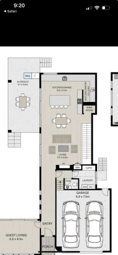 a floor plan for a house with two cars parked in the garage and an open living area