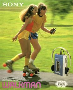 two girls rollerblading in the park with headphones and earbuds on