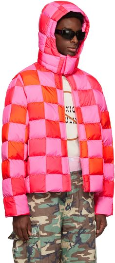 Pink & Red Gradient Checker Hooded Puffer Coat by ERL on Sale Hooded Quilted Nylon Outerwear, Quilted Nylon Hooded Outerwear, Spring Nylon Outerwear With Patchwork, Multicolor Hooded Puffer Jacket, Multicolor Hooded Puffer Outerwear, Hooded Multicolor Puffer Outerwear, Hooded Patchwork Puffer Jacket For Cold Weather, Pink Nylon Puffer Jacket With Padded Collar, Pink Nylon Puffer Jacket For Fall