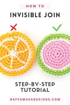 two crocheted coasters with the words how to invisible join on each side