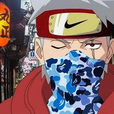 an anime character is covering his face with a bandana