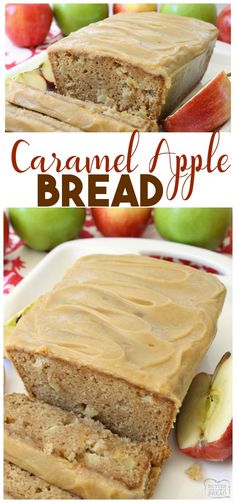 caramel apple bread on a plate with apples in the background and text overlay that says caramel apple bread