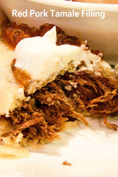 a close up of a piece of food on a plate with the words red pork tamale filling