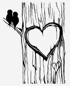 two birds sitting on a tree branch with a heart drawn in the middle and behind them