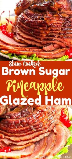 brown sugar precooked glazed ham is stacked on top of each other and ready to be eaten