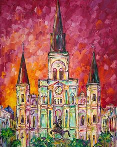 a painting of a large building with spires