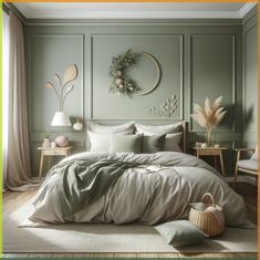 a bedroom with green walls and white bedding in the center, along with two side tables