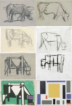 six drawings of cows and buildings in various colors, shapes, and sizes are shown