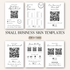 small business sign templates with qr code in black and white, set of 8