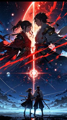 two anime characters standing next to each other in front of a red and blue background