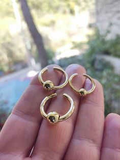 a person holding three gold rings in their hand with trees in the back ground behind them