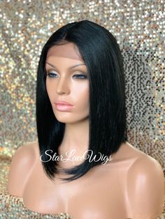 Type of Hair:  Synthetic Hair Texture:   Straight Hair Length:   Long Bob Hair Color:   Available in #1, #1b & #2 Cap Style:   Lace Front Wig with adjustable straps & combs - (cap stretches)  Heat Safe:   Heat resistant up to 350 degrees Part:  Fixed Middle Part      HEAT SAFE The synthetic and human hair blend wigs in the store are heat safe and can be curled and flat ironed.  Please note that it is recommended that the heat settings be low (340 to 350 degrees).  Flexi-rods and/or rollers can a Long Bob Hair Color, Long Bob Hair, Style Lace Front Wig, Bob Straight, Wig Bob, Bob Hair Color, Black Bob, Long Bob Hairstyles, Middle Parts