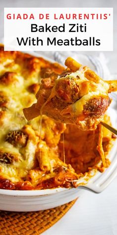 baked ziti with meatballs in a casserole dish