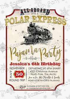 a polar express birthday party with an old fashioned train and snowflakes on the background