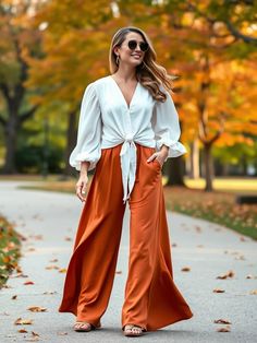 Boho fall outfit: Tie-front blouse with palazzo pants Palazzo Pants Fall, Grunge Fall Outfits, Boho Fall Outfits, Crunchy Leaves, Wedding Guest Outfit Fall, Pumpkin Spice Lattes, Plus Size Fall Outfit, Fall Pants