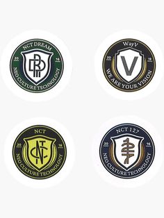 four different badges with the letters v, n and f on them in various colors