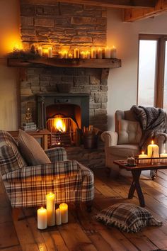 Cozy farmhouse living room featuring a stone fireplace, plaid armchairs, and warm candlelight, perfect for rustic decor inspiration.