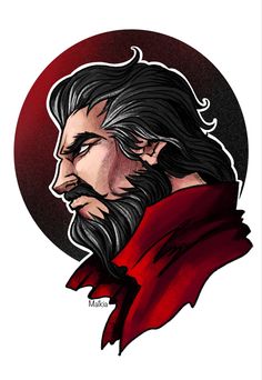 a drawing of a man with long hair and beards, wearing a red scarf