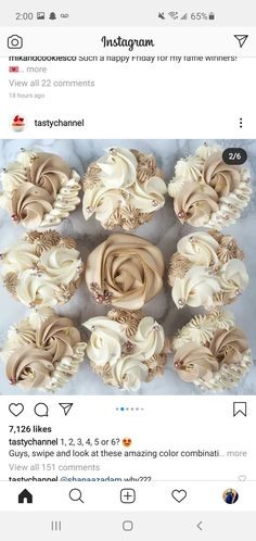 some cupcakes with frosting on them are arranged in the shape of a flower