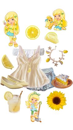 a bunch of items that are sitting on a table with lemons and other things around them