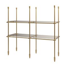 a gold shelf with three shelves on each side