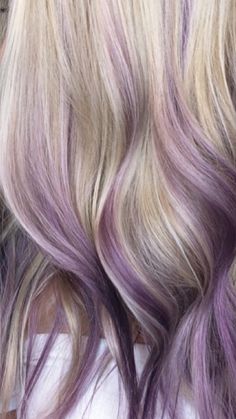 Purple Foils In Blonde Hair, Light Purple Balayage Blondes, Blonde To Lavender Hair, Lilac Peekaboo Highlights, Blonde And Purple Balayage, Blonde And Lavender Hair Peekaboo, Grey Purple Blonde Hair, Platinum Blonde Hair With Purple Streaks, Lavender Peekaboo Hair Blonde