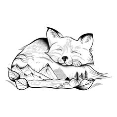 a drawing of a sleeping fox with mountains in the background and trees on it's back