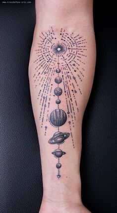 a person with a tattoo on their leg that has planets and sun in the sky