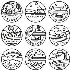 six round badges with the names of different cities