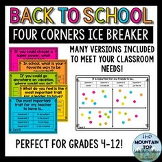 back to school four corners ice breaker with text and pictures on the front page