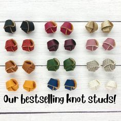 a bunch of small pieces of fabric with the words our best selling knot studs