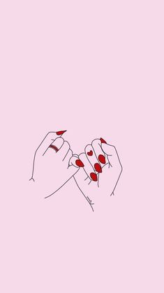 two hands with red nail polish holding each other's nails against a pink background