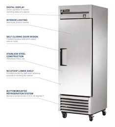 an image of a stainless steel refrigerator labeled in its parts and instructions on the side