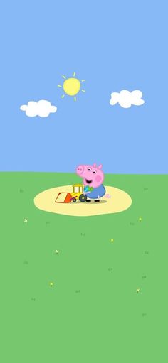 a cartoon pig is playing in the sand