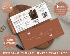 wedding ticket template with boarding card and ring on the table next to it is an image of a plane