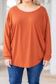 top, slouchy, solid, rust, long sleeve, curved hem, comfy, round neck Rust Long Sleeve Tops For Fall, Casual Batwing Sleeve Tunic For Fall, Long Sleeve Brown Tunic For Fall, Brown Long Sleeve Tunic For Fall, Plus Size Tunics, Glam Accessories, Chic Soul, Dolman Sleeve, Fall And Winter