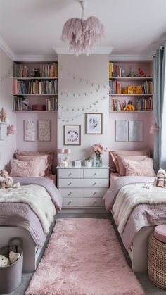 two beds in a room with pink carpet and bookshelves