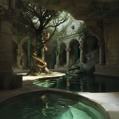 a pool with a statue in it next to a tree