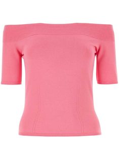 flamingo pink fine knit off-shoulder short sleeves straight hem Pink Fitted Knit Top, Pink Fitted Fine Knit Top, Spring Boat Neck Knit Top, Spring Knit Boat Neck Top, Alexander Mcqueen Women, Pink Peplum Top, Top Rosa, Alexander Mcqueen Clothing, Peplum Shirts