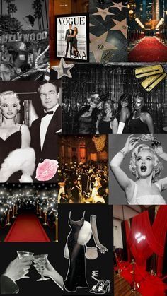 black and white collage with red carpet, woman in evening dress, man in tuxedo