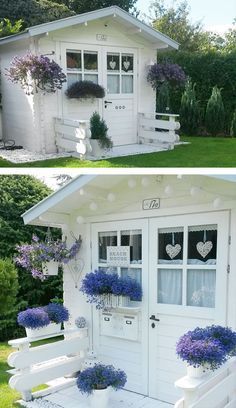 two pictures side by side of a small white house with flowers growing on the windows