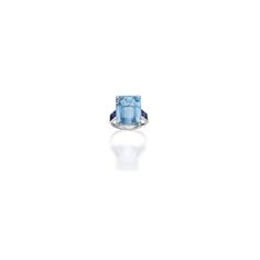 Platinum, Aquamarine and Sapphire Ring, Cartier Centering an emerald-cut aquamarine weighing 13.75 carats, flanked by six calibré-cut sapphires. Beautiful Engagement Rings, Designer Jewellery, Cartier Ring, Emerald Cut, Exhibitions, Cartier, Aquamarine, Sapphire Ring, Modern Art