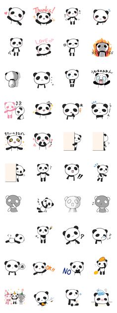 an image of pandas with different expressions on their face and body, all in black and white