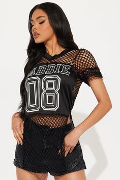 Available In Black. Cover Up Top Fishnet Screenprint With Studs V-Neck Short Sleeves High Side Slits Full Stretch Final Sale Disclaimer: Due To The Printing Process A Difference In Saturation May Occur. Each Garment Is Unique. 90% Polyester 10% Spandex Imported | Baddie Fishnet Cover Up Top in Black size XS by Fashion Nova Black Cover Up, Luxe Clothing, Service Women, Free Dresses, Black Cover, Swimwear Cover Ups, Matching Dresses, Womens Swimwear, Printing Process